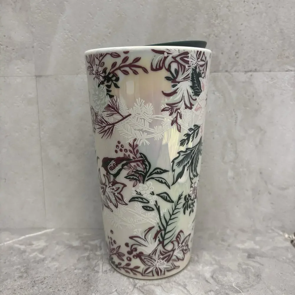 Starbucks 2022 Ceramic Tumbler Holiday Pink Enchanted Forest Floral Cup 12oz